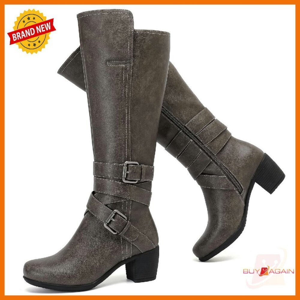 Knee High Boots Chunky Heel Pointed Toe Leather Lining Comfortable